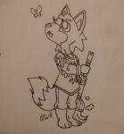 2023 absurd_res ambient_arthropod ambient_butterfly ambient_insect animal_crossing anthro biped blayaden broom canid canine canis cleaning_tool clothed clothed_anthro clothed_female clothing distracted female female_anthro floral_print fur hair hi_res holding_broom holding_cleaning_tool holding_object mammal nintendo pen_(artwork) signature skye_(animal_crossing) solo sweeping traditional_media_(artwork) wolf
