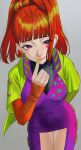  1girl akagi_kurage breasts closed_mouth clothing_cutout copyright_request covered_navel dress earrings facial_mark finger_to_mouth green_jacket green_nails grey_background hair_bun hand_up heart heart_earrings highres jacket jewelry layered_sleeves long_sleeves medium_breasts nail_polish open_clothes open_jacket ponytail purple_dress red_eyes red_hair short_over_long_sleeves short_sleeves simple_background sleeves_past_wrists solo star_(symbol) thigh_cutout tongue tongue_out 
