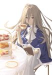  1girl absurdly_long_hair absurdres andychen662000 blue_capelet brown_hair capelet closed_mouth cup food hair_between_eyes highres holding long_hair looking_at_viewer parfait purple_eyes sense_(sousou_no_frieren) simple_background solo sousou_no_frieren very_long_hair white_background 