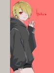  1girl :d \||/ alternate_costume blonde_hair blue_hoodie commentary_request cowboy_shot ear_piercing english_text flower from_side hair_flower hair_ornament hair_over_one_eye hand_up heart heaven_burns_red highres hood hoodie kayamori_ruka long_bangs one_eye_covered open_mouth oversized_clothes piercing red_background red_eyes rin_0101010 short_hair simple_background sleeves_past_wrists smile solo waving x_hair_ornament 