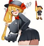  1girl ? ?? absurdres animal_bag animal_print black_skirt blonde_hair bow bowtie breasts commentary_request don_quixote_(project_moon) elephant from_behind hat highres holding holding_polearm holding_weapon kindergarten_uniform korean_commentary korean_text large_breasts limbus_company limbus_kindergarten_uniform looking_back official_alternate_costume pleated_skirt polearm project_moon red_bow reference_inset school_hat skirt solo traditional_bowtie ttung-i weapon yellow_eyes 