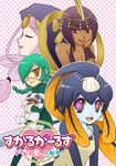  aeon_(skullgirls) annie_(skullgirls) apron bangs bare_shoulders black_hair blue_eyes blue_hair blunt_bangs braid breasts checkered checkered_background cleavage closed_eyes dark_skin eliza_(skullgirls) eyepatch fish_girl green_hair green_skirt grey_eyes hagoromo halterneck hood lipstick long_hair makeup medium_breasts minette_(skullgirls) multicolored multicolored_eyes multiple_girls pink_eyes pink_hair sagan_(skullgirls) shawl short_hair skirt skullgirls smile stuffed_animal stuffed_bunny stuffed_toy suzukin sword twin_braids waitress weapon yellow_eyes 