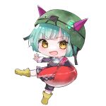  1girl \||/ aqua_hair black_shirt black_skirt blunt_bangs blunt_ends bob_cut boots bungo_yayoi chibi chibi_only commentary_request crab_claw fake_horns fake_pincers full_body heaven_burns_red helmet highres horned_helmet horns long_sleeves looking_at_viewer lower_teeth_only miniskirt open_mouth outstretched_arm pleated_skirt rin_0101010 sailor_collar shirt short_hair simple_background skirt smile smug solo standing standing_on_one_leg teeth transparent_background v-shaped_eyebrows white_sailor_collar yellow_boots yellow_eyes 