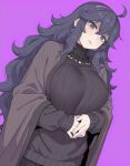  1girl ahoge ai-generated breasts earrings hex_maniac_(pokemon) hex_maniac_(pokemon_xy) jewelry large_breasts long_hair looking_at_viewer messy_hair open_mouth own_hands_together pokemon pokemon_x_and_y purple_background self-upload servbot6 simple_background standing turtleneck 