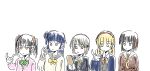  5girls \m/ arms_at_sides black_hair black_jacket blonde_hair blue_hair blue_jacket blunt_bangs blunt_ends bob_cut bow bowtie cardigan collared_shirt commentary_request crescent crescent_hair_ornament curly_sidelocks dress food green_bow green_bowtie green_eyes grey_dress grey_hair grey_sailor_collar hair_bow hair_bun hair_ornament hairband heanna_sumire holding holding_bread holding_food inward_w jacket kingmandu_0 koppepan korean_commentary link!_like!_love_live! long_hair looking_at_hand love_live! love_live!_nijigasaki_high_school_idol_club love_live!_school_idol_project love_live!_sunshine!! love_live!_superstar!! momose_ginko multiple_girls nakasu_kasumi neck_ribbon nijigasaki_school_uniform odd_one_out open_clothes open_jacket otonokizaka_school_uniform pinafore_dress pink_cardigan red_bow red_hairband red_ribbon ribbon sailor_collar school_uniform serafuku shirt short_hair simple_background single_side_bun sketch sleeveless sleeveless_dress star_(symbol) star_hair_ornament tsushima_yoshiko twintails uranohoshi_school_uniform w white_background white_shirt winter_uniform yazawa_nico yellow_bow yellow_bowtie yellow_ribbon yuigaoka_school_uniform 