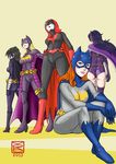  ass barbara_gordon bat_(symbol) batgirl batman_(series) batwoman belt black_bat black_hair blonde_hair bodysuit boots cape cassandra_cain dc_comics domino_mask female gloves helena_bertinelli highres huntress kate_kane mask multiple_girls orange_hair purple_shoes red_hair red_shoes shoes sitting stephanie_brown thigh_boots thighhighs utility_belt yoko_(artist) yoko_(chan360) 