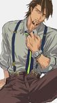  adjusting_clothes adjusting_necktie bad_id bad_pixiv_id brown_hair facial_hair kaburagi_t_kotetsu male_focus necktie sitting solo stubble suho-i47 suspenders tiger_&amp;_bunny watch wristwatch 