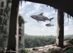  artist_name building cloud cloudy_sky commentary_request day eiri_(eirri) fish flying_fish no_humans original outdoors overgrown ruins shark sky 
