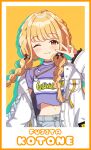  1girl :3 black_ribbon blonde_hair blue_shirt chain character_name closed_mouth commentary_request cropped_shirt dot_nose fang fujita_kotone gakuen_idolmaster gold_chain hair_ribbon heart heart_necklace highres idolmaster jacket jewelry light_blush long_hair long_sleeves looking_at_viewer midriff navel necklace one_eye_closed open_clothes open_jacket ribbon shirt simple_background skin_fang smile solo tsubatya v water white_jacket yellow_background yellow_eyes yellow_nails 