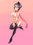  black_hair boots breasts cleavage esp_(hidaryuhidaryu) folded_ponytail garter_straps glasses high_heels large_breasts pasties red_eyes scarf shoes short_hair skullgirls smile solo stiletto_heels teeth thigh_boots thighhighs venus_(skullgirls) 
