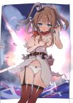  1girl areola_slip belt blue_eyes breasts brown_hair caburi cleavage commentary_request covering_one_breast covering_privates dress garter_belt garter_straps kantai_collection kneehighs large_breasts looking_at_viewer neckerchief ocean open_mouth panties ponytail red_neckerchief red_socks saratoga_(kancolle) side_ponytail smokestack_hair_ornament socks solo torn_clothes underwear white_dress white_panties 