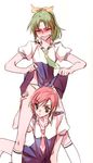  blush closed_eyes flat_chest green_hair green_neckwear hino_akane_(smile_precure!) midorikawa_nao nanairogaoka_middle_school_uniform necktie open_mouth panties precure red_eyes red_hair school_uniform short_hair simple_background skirt skirt_lift smile_precure! tima underwear white_background 