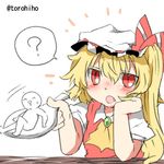  blonde_hair blush fang flandre_scarlet hat lowres open_mouth rebecca_(keinelove) red_eyes ribbon rice_spoon short_hair spoon table touhou 