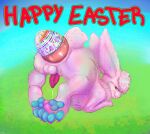 absurd_res anal anal_prolapse anus balls bedroom_eyes bodily_fluids chest_tuft easter easter_bunny easter_egg egg english_text femboy feral foxxxiny90 gaping gaping_anus genital_fluids genitals green_eyes happy_easter hi_res holiday_message holidays lagomorph male mammal narrowed_eyes pawpads penis pink_body precum prolapse seductive simple_background smile solo tail text tuft