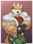 absurd_res anthro arm_tuft barazoku belt biceps big_muscles border bulge bursting_out_of_clothing canid canine cel_shading clothing digital_drawing_(artwork) digital_media_(artwork) elbow_tuft eyebrows eyewear fist flexing flexing_bicep forearm_muscles fox fox_mccloud gloves green_eyes gun_holster hair handwear headgear hi_res holding_wrist huge_muscles jacket kaioat kerchief male mammal muscular muscular_anthro muscular_arms muscular_male neck_muscles nintendo pecs pose raised_eyebrow red_kerchief scouter shaded simple_background smile smiling_at_viewer smirk smirking_at_viewer solo star_fox tail tight_clothing topwear torn_clothing triceps tuft vein veiny_muscles wardrobe_malfunction whiskers white_border white_clothing white_jacket white_topwear