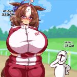 1boy 1girl @_@ ahoge animal_ears arms_under_breasts blue_ribbon blush breasts brown_hair closed_mouth commentary ear_ribbon hair_between_eyes hairband height_difference highres horse_ears horse_girl horse_racing_track horse_tail huge_breasts jacket meisho_doto_(umamusume) multicolored_hair pants pink_eyes pink_hairband red_jacket red_pants ribbon seireiart short_hair streaked_hair t-head_trainer_(umamusume) tail tracen_training_uniform track_jacket trainer_(umamusume) umamusume white_streaks 