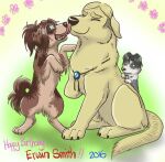 2017 amputee attack_on_titan black_body black_fur black_hair blonde_hair blush brown_body brown_fur brown_hair canid canine canis disability domestic_dog erwin_smith eyewear face_lick feral feral_with_hair fur glasses gradient_fur group hair hange_zoe jewelry levi_ackerman licking low_res mammal missing_arm mizzkie pendant tongue trio white_body white_fur yellow_body yellow_fur