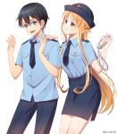  1boy 1girl alternate_costume asuna_(sao) black_hair black_necktie blue_hat blue_pants blue_shirt blue_skirt braid breasts brown_eyes brown_hair closed_mouth commentary_request cowboy_shot double-parted_bangs grey_hair hair_between_eyes half_up_braid hand_on_another's_shoulder hands_up hat high-waist_skirt highres holding_cuffs kirito long_hair long_sidelocks looking_at_another medium_breasts messy_hair miniskirt necktie open_mouth pants pencil_skirt police police_uniform shirt shirt_tucked_in short_hair short_sleeves sidelocks simple_background skirt smile standing straight_hair sword_art_online tented_shirt tu_tora2 white_background 