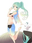 absurdres aqua_eyes aqua_hair bad_id bad_pixiv_id barefoot faefaea highres long_hair looking_at_viewer midriff navel original ponytail simple_background solo white_background 
