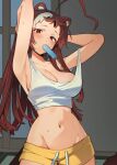  1girl ahoge animal_ears arms_behind_head blush breasts crop_top food food_in_mouth heart heart_ahoge highres huge_ahoge indie_virtual_youtuber large_breasts long_hair looking_at_viewer midriff momote momote_(vtuber) multicolored_hair navel popsicle popsicle_in_mouth red_eyes shorts sideboob skunk_ears skunk_girl solo sweat tank_top two-tone_hair virtual_youtuber white_hair white_tank_top yellow_shorts 