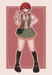  1girl camera collared_shirt danganronpa_(series) danganronpa_2:_goodbye_despair dress freckles green_dress green_socks hand_on_own_hip highres koizumi_mahiru mi_shengwu_3.2_hao necktie pale_skin pointing red_hair serious shirt short_hair socks 