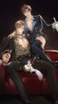  2boys absurdres alcohol animal_on_lap artist_name bags_under_eyes black_shirt black_suit blonde_hair blush bottle bracelet brown_eyes brown_hair champagne choker couch disco_ball eiden_(nu_carnival) ermine ferret gem highres jewelry large_pectorals male_focus merronng multiple_boys muscular muscular_male necklace nu_carnival on_lap orange_eyes pectoral_cleavage pectorals pendant quincy_(nu_carnival) ring shirt short_hair spiked_hair suit sweat topper_(nu_carnival) weasel yellow_gem 