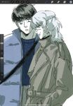  2boys art_program_in_frame badeni bag bags_under_eyes black_hair blonde_hair blue_coat blue_sweater chi.:_chikyuu_no_undou_ni_tsuite coat contemporary eyepatch grey_coat highres knit_sweater male_focus medium_hair multiple_boys non_kibou oczy parted_lips scar scar_on_face scar_on_mouth scar_on_nose short_hair shoulder_bag sweatdrop sweater trench_coat upper_body 