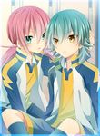  bad_id bad_pixiv_id green_eyes green_hair halftone inazuma_eleven_(series) inazuma_eleven_go izumi39 jacket kariya_masaki kirino_ranmaru male_focus multiple_boys open_clothes open_jacket pink_hair raimon raimon_soccer_uniform sitting soccer_uniform sportswear track_jacket twintails yellow_eyes 