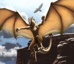  2011 3_toes 4_fingers 6_horns ambient_bird anthro athletic athletic_anthro athletic_male claws cliff cloud dated digital_drawing_(artwork) digital_media_(artwork) dragon european_mythology feet finger_claws fingers flying frill_(anatomy) head_crest head_frill horn khyaber long_neck long_tail male membrane_(anatomy) membranous_wings multi_horn mythological_creature mythological_scalie mythology scales scalie signature sky solo tail tekuryuu toes ventral_scales weapon_tail western_dragon wings yellow_body yellow_eyes yellow_scales 