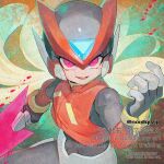  1boy armor blonde_hair cowboy_shot energy_sword floating_hair forehead_jewel glowing glowing_eyes helmet holding holding_sword holding_weapon long_hair male_focus mega_man_(series) mega_man_zero_(series) mega_man_zero_3 omega_(mega_man) purple_eyes red_armor red_helmet solo sword twitter_username weapon yamanashi_taiki 