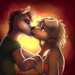  anthro blue_eyes blush canine cervine clothing couple deer dog duo eye_contact eyes_closed female fivel hand_on_face kissing lesbian love mammal plain_background side_view 