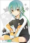  aqua_hair bad_id bad_pixiv_id ball gloves goalkeeper grin inazuma_eleven_(series) inazuma_eleven_go izumi39 kariya_masaki male_focus raimon sitting smile soccer_ball soccer_uniform solo sportswear star telstar white_background yellow_eyes 