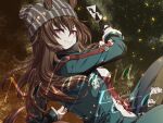  1girl animal_ears beanie black_gloves black_pants blue_coat breasts brown_hair card character_name coat commentary_request dice dice_necklace dice_pendant ears_through_headwear fingerless_gloves gloves grey_hat hair_between_eyes hat highres holding holding_card horse_ears horse_girl horse_tail jacket jewelry long_hair long_sleeves looking_at_viewer medium_breasts nakayama_festa_(shichuukyuukatsu)_(umamusume) nakayama_festa_(umamusume) necklace open_mouth pants playing_card purple_eyes red_shirt shirt smile tail torn_clothes torn_shirt umamusume yue_(lov_n_n) 
