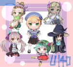  6+girls :< :c \||/ aqua_hair bead_necklace beads black_hair black_hat black_robe black_shirt black_shoes black_skirt black_thighhighs blonde_hair blunt_bangs blunt_ends blush bob_cut book boots border braid brown_hair bungo_yayoi buttons chibi chibi_only closed_mouth collared_shirt commentary_request crab_claw crocs crossed_arms dark-skinned_female dark_skin double-breasted earrings eyelashes eyes_visible_through_hair fake_horns fake_pincers fish_hair_ornament flask forehead frown full_body green_eyes green_pupils green_skirt grey_hair grey_hat grey_shirt hair_behind_ear hair_bun hair_ornament hair_over_one_eye hair_ribbon hairclip hand_up hands_on_own_hips hat heaven_burns_red helmet highres hime_cut holding holding_flask holding_stuffed_toy horned_helmet horns hugging_object jacket jewelry kneehighs kneeling knees_apart_feet_together knees_up light_frown long_bangs long_hair long_sleeves looking_at_viewer low_twintails lower_teeth_only maruyama_kanata maruyama_squad_(heaven_burns_red) mary_janes miniskirt multiple_girls neck_ribbon necklace no_shoes ogasahara_hisame one_eye_covered ooshima_yotsuha open_clothes open_jacket open_mouth open_robe outside_border outstretched_arm own_hands_clasped own_hands_together parallel_hairclips parted_bangs pink_border pleated_skirt puffy_short_sleeves puffy_sleeves purple_ribbon red_eyes red_ribbon ribbon rin_0101010 robe rolled-up_paper round-bottom_flask sailor_collar sandals shirt shoes short_hair short_sleeves side_braids sidelocks simple_background single_hair_bun sitting skirt smile smug socks split_mouth standing standing_on_one_leg straight-on straight_hair stuffed_animal stuffed_cat stuffed_toy teeth tenne_miko thighhighs thighs tomboy triangle_earrings twintails v-shaped_eyebrows very_long_hair vritika_balakrishnan white_background white_jacket white_sailor_collar white_shirt white_skirt white_socks wide_sleeves witch witch_hat yellow_boots yellow_eyes zettai_ryouiki zouri 