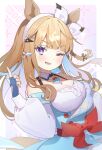  +_+ 1girl almond_eye_(the_changer)_(umamusume) almond_eye_(umamusume) animal_ears bare_shoulders blue_eyes blue_gloves blush bow_hairband braid braided_sidelocks breasts brown_hair checkered_collar cleavage collarbone colored_inner_hair commentary_request detached_sleeves dress fingerless_gloves gloves hair_ornament hairband hairclip highres horse_ears horse_girl horse_tail large_breasts long_hair looking_at_viewer multicolored_hair one_eye_closed open_mouth p_changgun red_button sidelocks smile solo symbol-shaped_pupils tail umamusume white_hairband x-shaped_pupils 