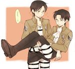  ascot black_hair boots carrying emblem eren_yeager green_eyes jacket levi_(shingeki_no_kyojin) multiple_boys nono0319 paradis_military_uniform princess_carry shingeki_no_kyojin sparkle survey_corps_(emblem) thigh_boots thigh_strap thighhighs three-dimensional_maneuver_gear 