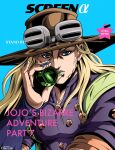  1boy absurdres araki_hirohiko_(style) arm_warmers artist_name ball beard blonde_hair blue_arm_warmers blue_background blue_eyes blue_nails brown_hat cape character_name copyright_name cover english_text facial_hair fake_cover goggles goggles_on_headwear green_cape green_lips gyro_zeppeli hand_up hat highres holding holding_ball jojo_no_kimyou_na_bouken long_hair looking_at_viewer makeup male_focus nail_polish noonvincent official_style orange_sleeves parted_lips purple_shirt purple_sleeves shirt solo steel_ball_(jojo) steel_ball_run two-tone_sleeves upper_body 