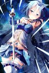  belt blue_eyes blue_hair blush breasts buckle cape dennryuurai frills gloves magical_girl mahou_shoujo_madoka_magica medium_breasts miki_sayaka no_panties panties short_hair skirt solo soul_gem sword thighhighs torn_clothes underwear weapon white_legwear 