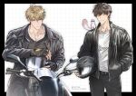  2boys animal_on_shoulder artist_name bags_under_eyes black_gloves black_jacket black_shirt blonde_hair bracelet brown_eyes brown_hair covered_pectorals eiden_(nu_carnival) ermine ferret gem gloves grid_background helmet highres holding holding_unworn_helmet jacket jewelry large_pectorals leather leather_jacket male_focus merronng motor_vehicle motorcycle multiple_boys muscular muscular_male necklace nu_carnival orange_eyes pectorals pendant quincy_(nu_carnival) shirt short_hair simple_background smile spiked_hair sunglasses topper_(nu_carnival) unworn_headwear unworn_helmet weasel white_shirt yellow_gem 