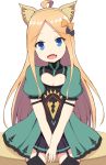  1girl :d abigail_williams_(fate/grand_order) absurdres ahoge animal_ear_fluff animal_ears atalanta_(fate) atalanta_(fate)_(cosplay) bangs black_bow black_legwear black_skirt blonde_hair blue_eyes blush bow breasts cat_ears cleavage cleavage_cutout commentary_request cosplay dress fake_animal_ears fang fate/apocrypha fate/grand_order fate_(series) forehead garter_straps green_dress hair_bow head_tilt highres long_hair mitchi open_mouth orange_bow parted_bangs pleated_skirt puffy_short_sleeves puffy_sleeves short_sleeves sitting skirt small_breasts smile solo thighhighs very_long_hair white_background 