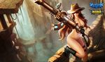  boots brown_hair caitlyn caitlyn_(league_of_legends) gun hat jewelry league_of_legends long_hair necklace nipples nude rifle sunglasses weapon 