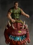  1boy absurdres armor belt belt_buckle brown_belt brown_eyes brown_hair buckle cacodemon chicken_jockey_(meme) colored_skin cyclops demon demon_horns doom_(series) doomguy green_armor green_eyes grey_background highres horns meme muscular muscular_male one-eyed pixel_axel red_skin sharp_teeth simple_background teeth 