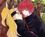  2boys akatsuki_uniform blonde_hair blue_eyes blush boooss_777 deidara_(naruto) doll_joints expressionless eyeliner forehead_protector forest high_ponytail highres implied_yaoi joints long_hair looking_at_another makeup male_focus multiple_boys naruto_(series) naruto_shippuuden nature ponytail red_eyes red_hair robe sasori_(naruto) short_hair sweatdrop tree watermark 