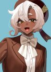  1girl :d akagi_kurage beret blue_background bow braid brown_eyes brown_hat brown_jacket collared_shirt copyright_request dark-skinned_female dark_skin dress_shirt hat highres jacket looking_at_viewer open_clothes open_jacket shirt short_eyebrows simple_background smile solo thick_eyebrows white_bow white_hair white_shirt 