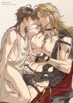  2boys abs ahoge ancient_greek_clothes artist_name bags_under_eyes black_cloak black_gloves blonde_hair blush bracelet brown_eyes brown_hair choker cloak eiden_(nu_carnival) gem gloves greco-roman_clothes greek_armor head_rest highres jewelry large_pectorals long_hair looking_at_another male_focus merronng multiple_boys muscular muscular_male necklace nipples nu_carnival official_alternate_costume official_alternate_hairstyle pectoral_cleavage pectorals pendant quincy_(countless_conquests)_(nu_carnival) quincy_(nu_carnival) red_cloak robe short_hair simple_background thick_thighs thighlet thighs toga white_robe yaoi yellow_gem 