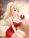  1girl animal_ear_fluff animal_ears arknights artist_name bare_arms bare_shoulders belt blonde_hair breasts christmas christmas_wreath cleavage collarbone commentary commission dress english_commentary fur-trimmed_dress fur_trim gigamessy hand_on_floor hand_up head_tilt holding holding_wreath kneeling large_breasts light_blush long_sidelocks looking_at_viewer nearl_(arknights) ponytail santa_costume santa_dress sidelocks smile solo spaghetti_strap tail thick_eyelashes wreath 