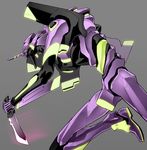  dagger eva_01 glowing glowing_weapon grey_background highres holding holding_weapon horn kneeling machinery mecha neon_genesis_evangelion no_humans simple_background velzhe weapon 