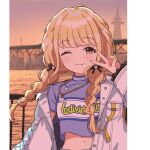  1girl :3 black_ribbon blonde_hair blue_shirt chain closed_mouth commentary_request cropped_shirt dot_nose fang fujita_kotone gakuen_idolmaster gold_chain hair_ribbon heart heart_necklace highres idolmaster jacket jewelry light_blush long_hair long_sleeves looking_at_viewer midriff navel necklace one_eye_closed open_clothes open_jacket outdoors ribbon river selfie shirt skin_fang smile solo tsubatya upper_body v water white_jacket yellow_eyes yellow_nails 