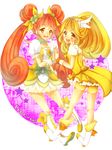  bare_legs bike_shorts blonde_hair blush boots bow brown_eyes brown_hair choker color_connection copyright_name cure_peace cure_rosetta dokidoki!_precure double_bun flower full_body green_choker hair_flaps hair_flower hair_ornament hair_ribbon hands_together highres kise_yayoi knee_boots long_hair magical_girl multiple_girls precure purple_background ribbon shorts shorts_under_skirt skirt smile smile_precure! star starry_background totogami_toto twintails yellow_eyes yellow_shorts yellow_skirt yotsuba_alice 