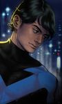  1boy batman_(series) black_hair blue_eyes body_suit bodysuit city dc_comics dick_grayson highres male male_focus nightwing realistic solo 